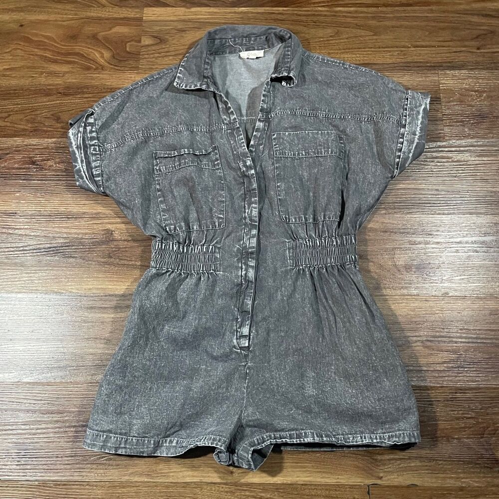 Elan Teddy Utility Romper Grey Wash Womens Size Medium Pockets 100% Cotton